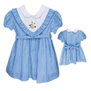 Vintage Girls Floral + Strawberry Embroidered Ruffle Collared Dress 2T - 3T